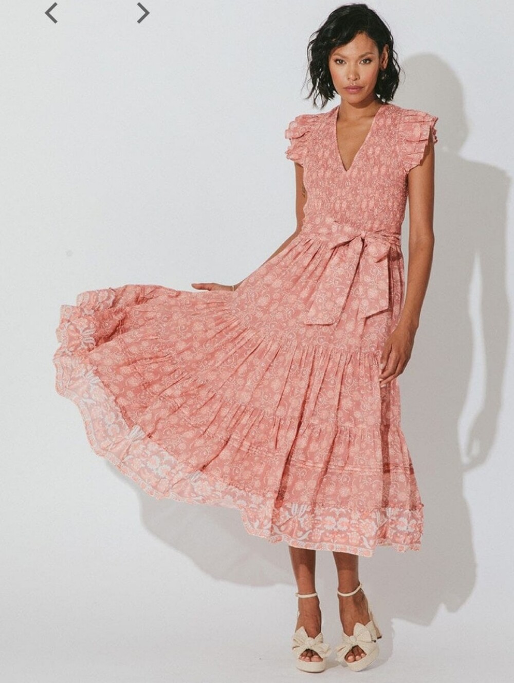 Cleobella Rita Women Pink Floral Tiered Midi Dress Tie Waist Cap Ruffle Y2K Core